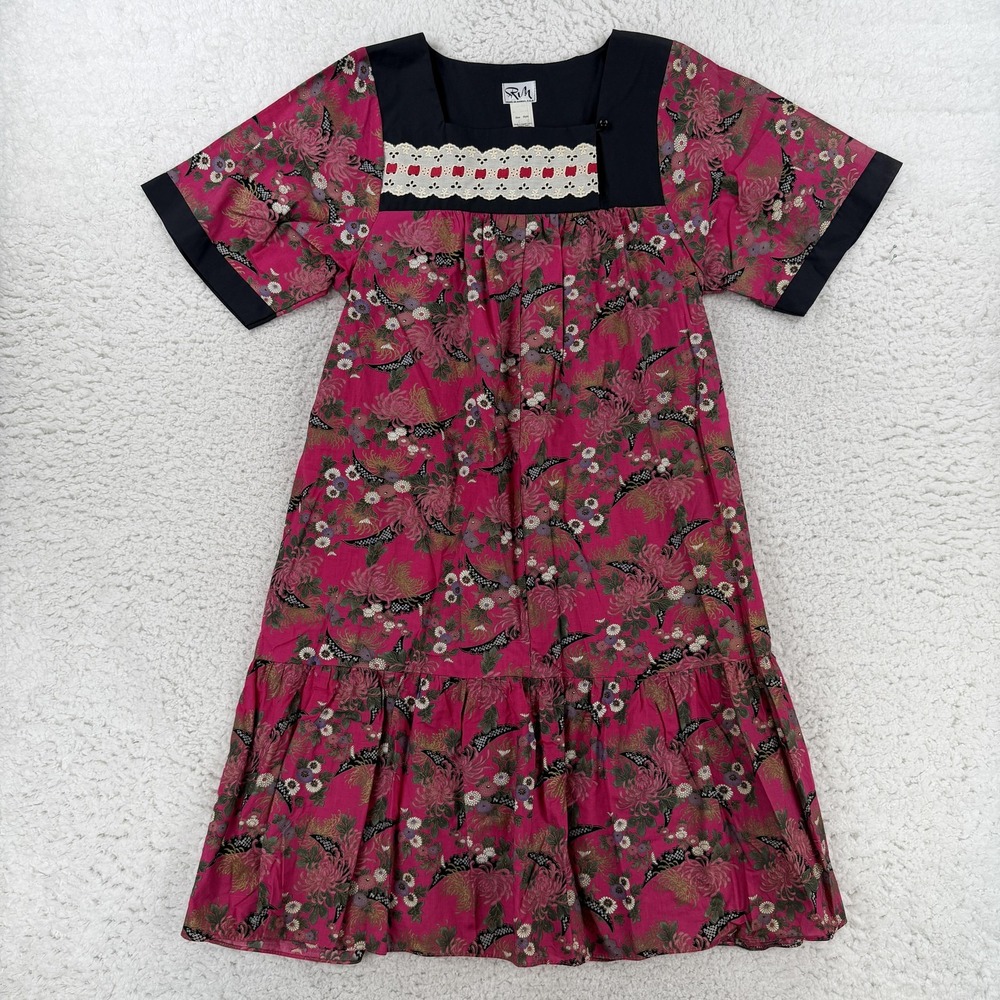 Vintage RM Dress Womens Large Pink Floral Muumuu Trapeze Ruffle Midi Hawaii